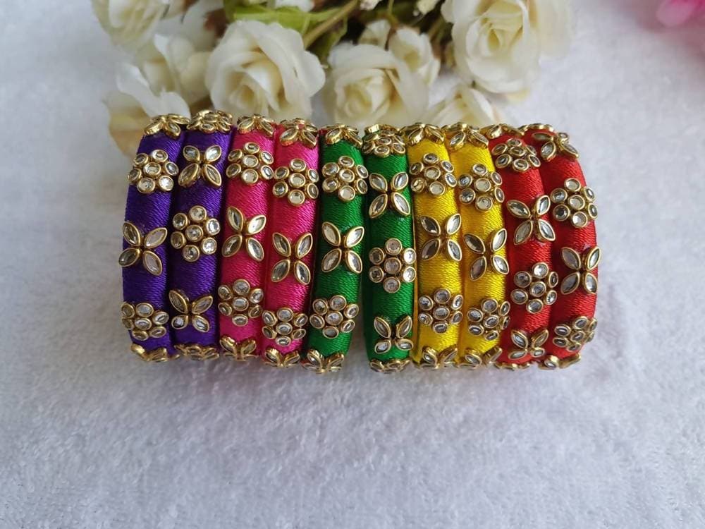 Multi Color New Model Silk Threaded Stone Bangles Sets