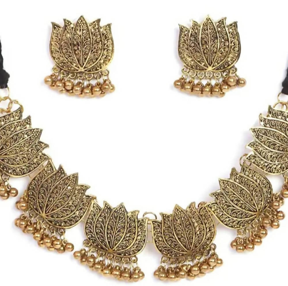 Mominos Fashion Oxidised Lotus Design Golden Color Necklace Choker Set lotus design