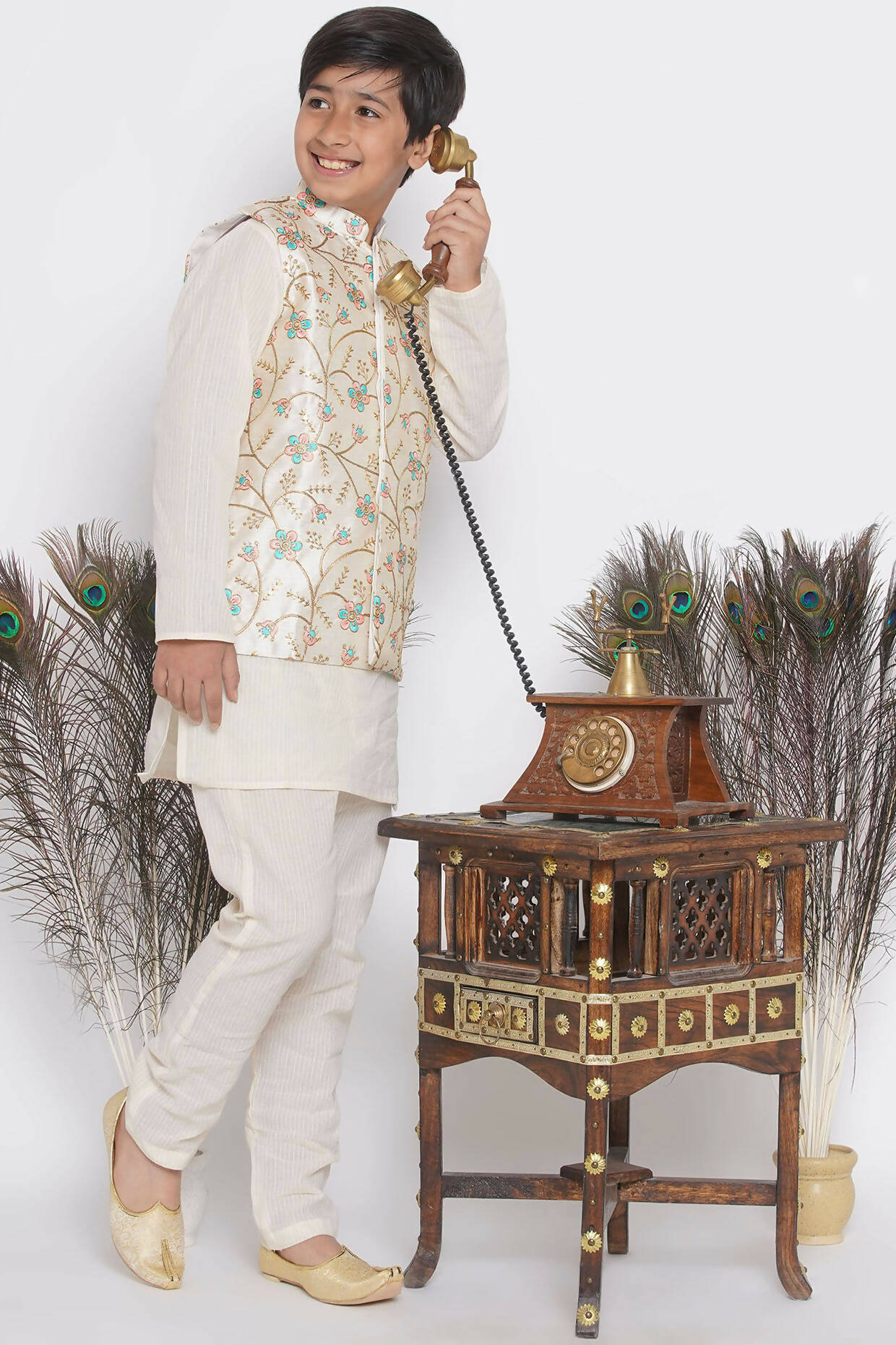 Little Bansi Banarsi Silk Pink Blue Floral Embroidery Jacket with Cotton Kantha kurta and Kantha Pyjama - Cream - Distacart