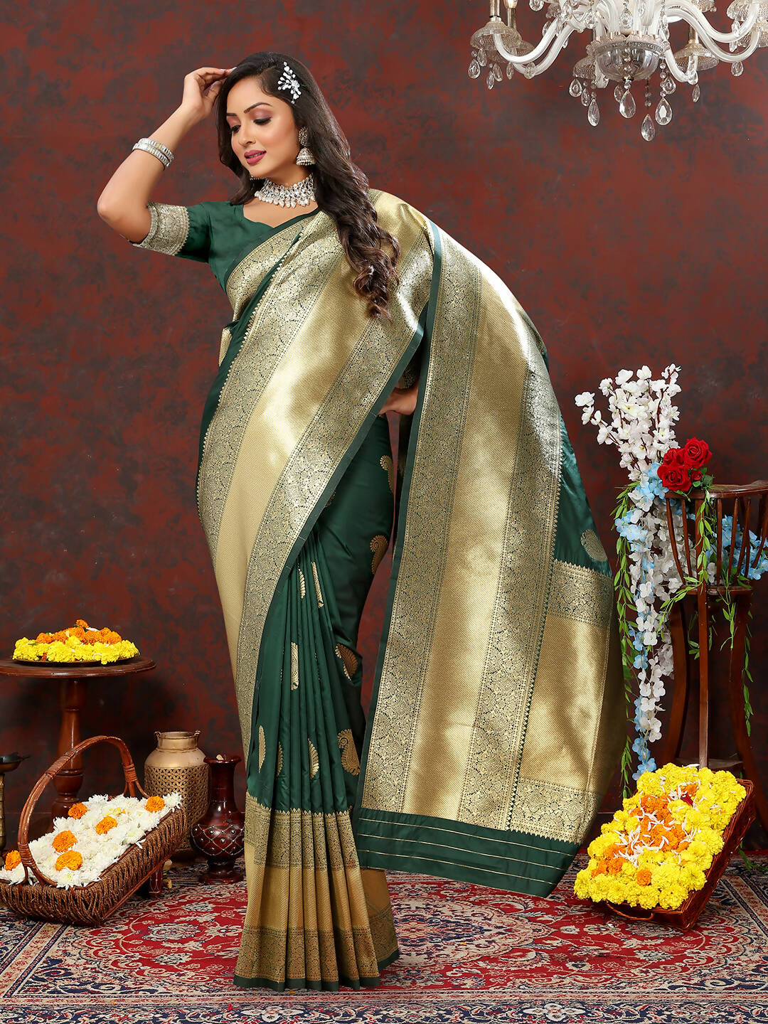 Lorenvalley Fashion Green Soft Silk Woven Design Gold Zari Weaving Saree - Distacart