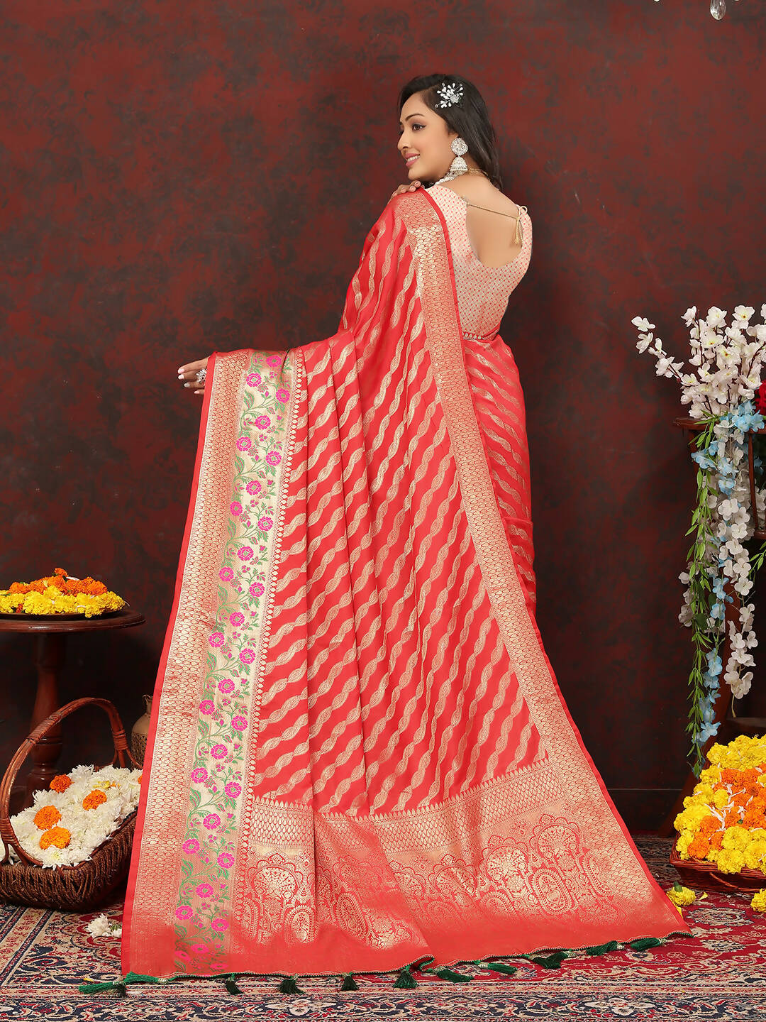 Lorenvalley Fashion Red Soft Silk Woven Design with Zari Weaving Leheriya Design Saree - Distacart