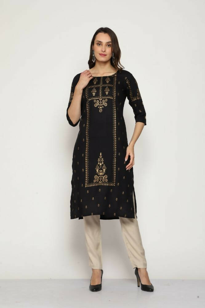 Maai Rayon Hand Printed Kurta Black - Distacart
