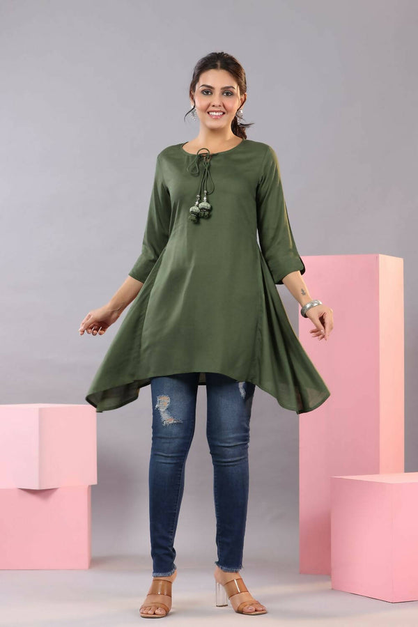Juniper Women Olive Rayon Solid Asymmetric Kurta - Distacart