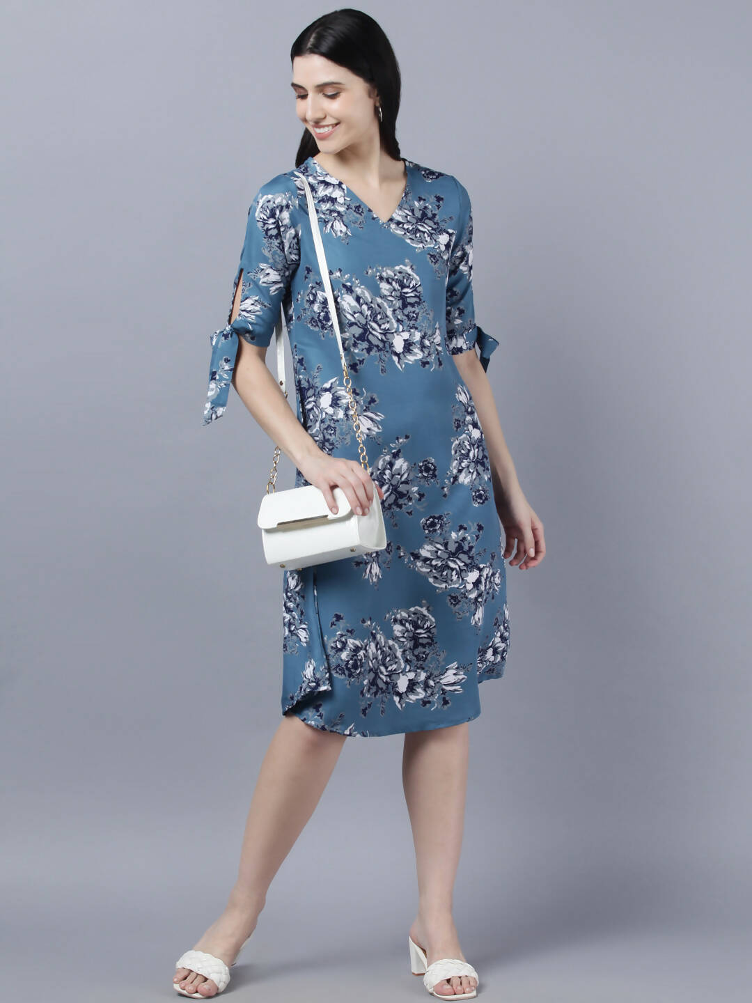 Myshka Women Teal Blue Grey Printed A-line Dress - Distacart