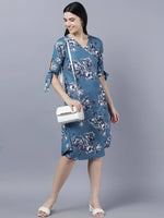 Thumbnail for Myshka Women Teal Blue Grey Printed A-line Dress - Distacart