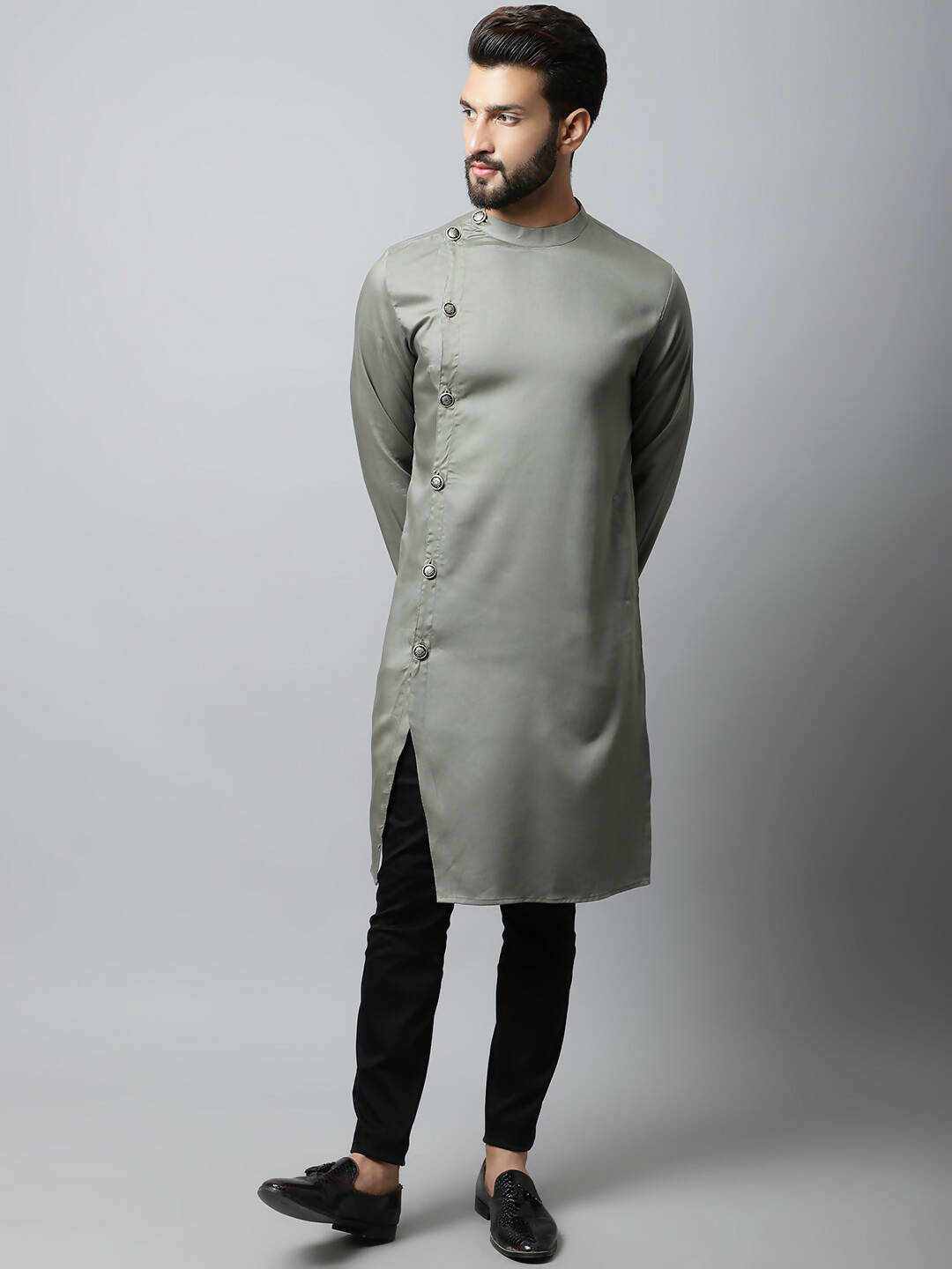 Even Apparels Grey Color Pure Cotton Sherwani Men's Kurta With Asymetrical Cut (SLD1181) - Distacart