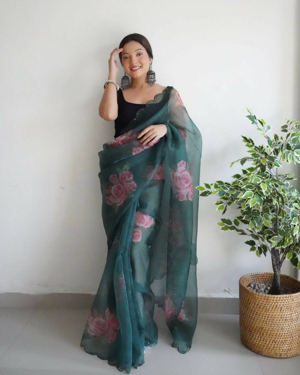 Vamsee Green Organza Saree - Distacart