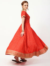 Thumbnail for Cheera Women's Red Cotton Hand Block Print Long Dress With Silk Dupatta Set - Distacart
