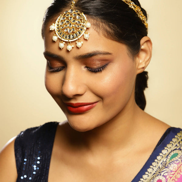 Gold-Plated White Kundan-Studded Pearl Beaded Matha Patti - Ruby Raang - Distacart