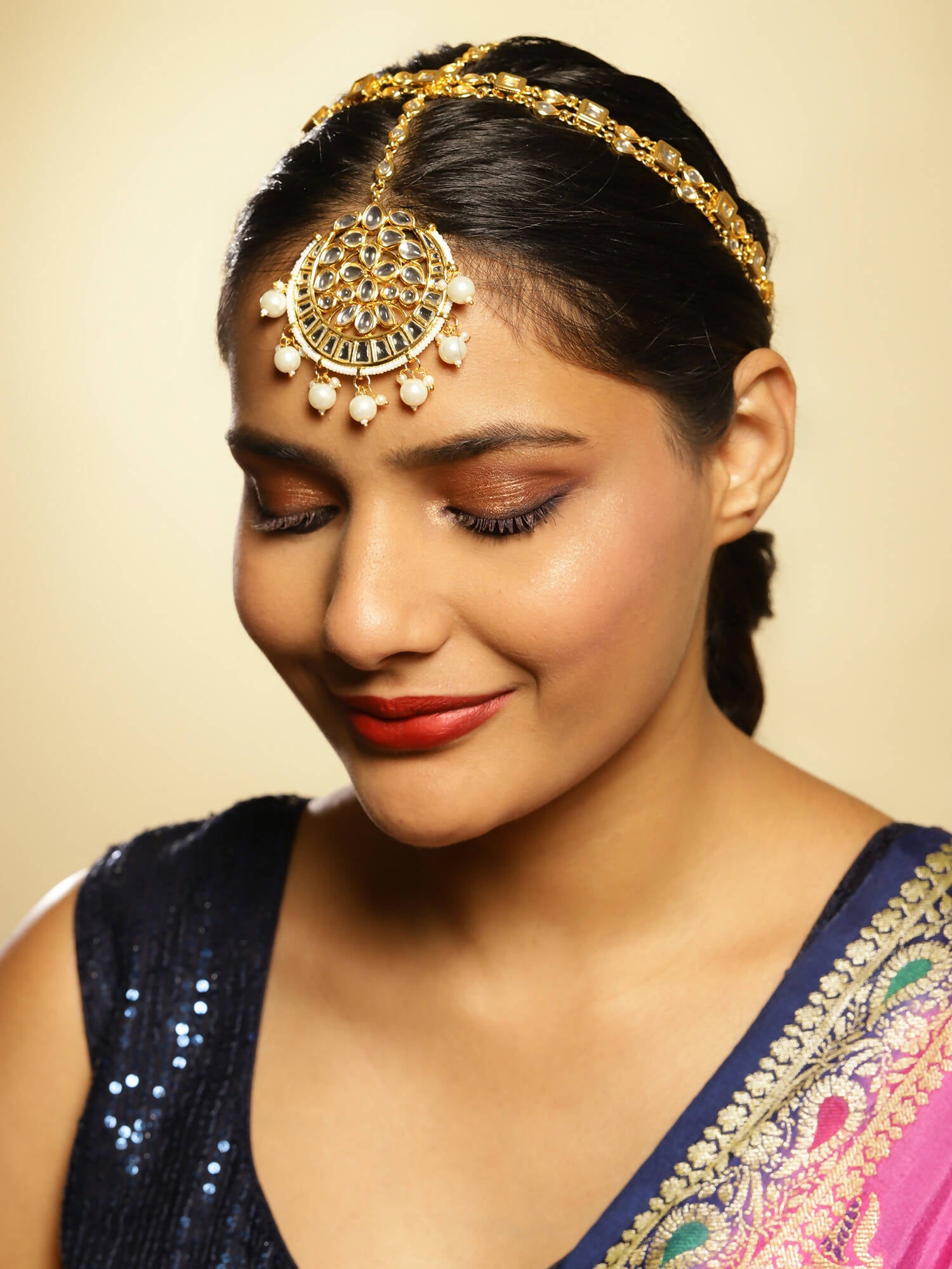 Gold-Plated White Kundan-Studded Pearl Beaded Matha Patti - Ruby Raang - Distacart