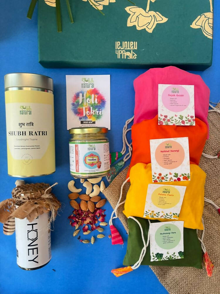 Shuddh Natural Ubtan based Herbal Gulal | Ayurvedic Thandai Powder |Floral Tisane |Natural Honey | Holi Gift Hamper - Distacart