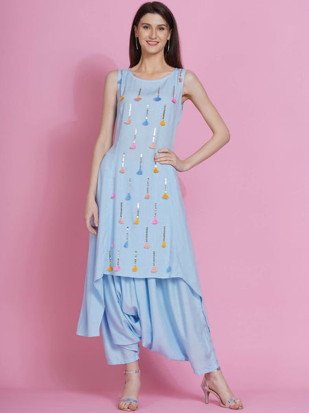 Women Republic Powder Blue Hand Embellished Kurta With Harem Pants - Distacart