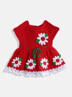 Thumbnail for Chutput Kids Woollen Hand Knitted Short Sleeves Flower Detail Dress - Red - Distacart
