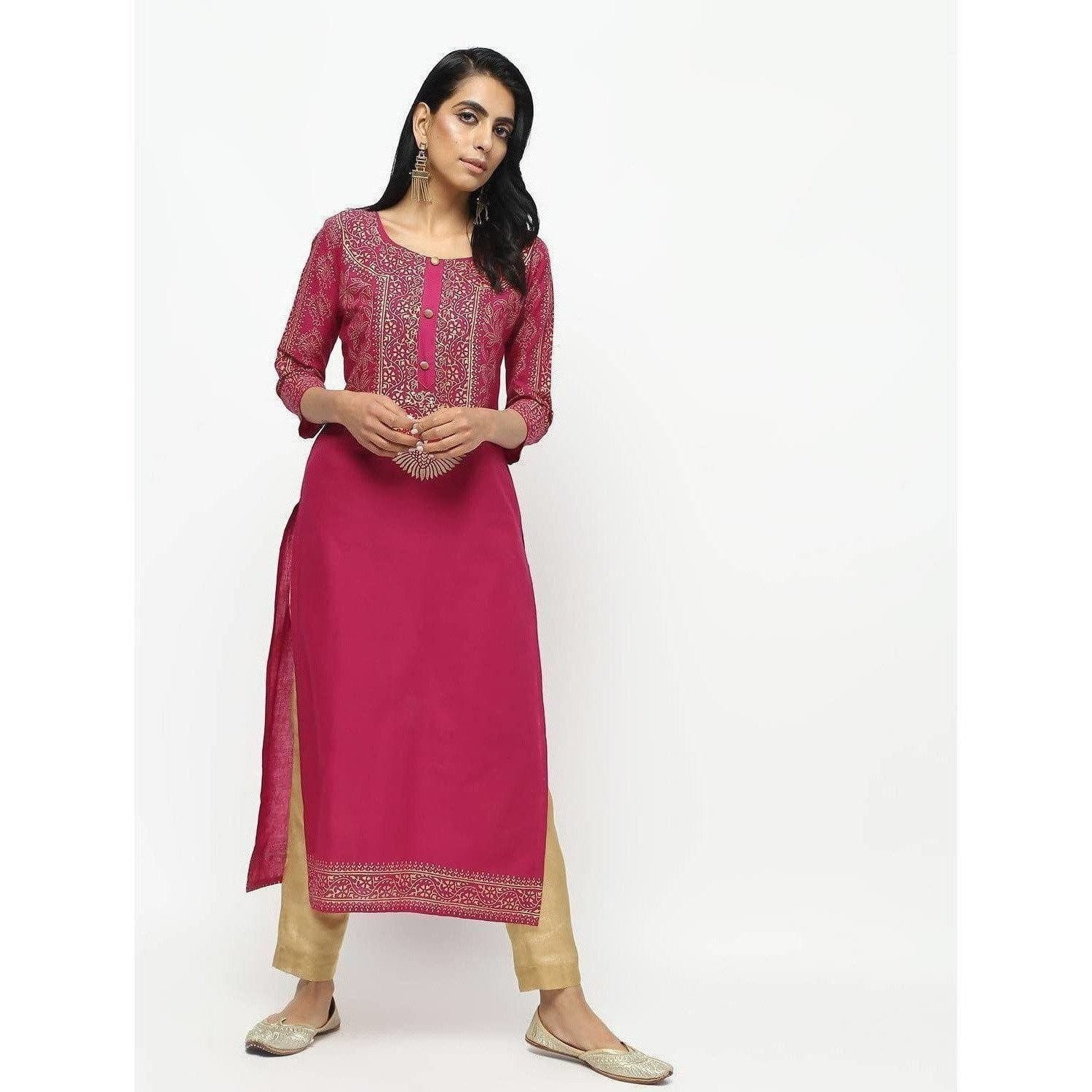 Cheera Megenta Straight Foil Printed Long Kurta