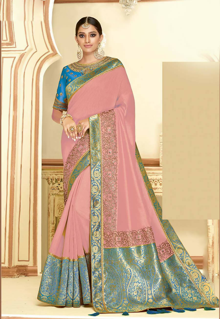 Pink Satin Silk Zari Embroidery, Laser Cut Borders, Tassels Saree - Norita Alankrita - Distacart