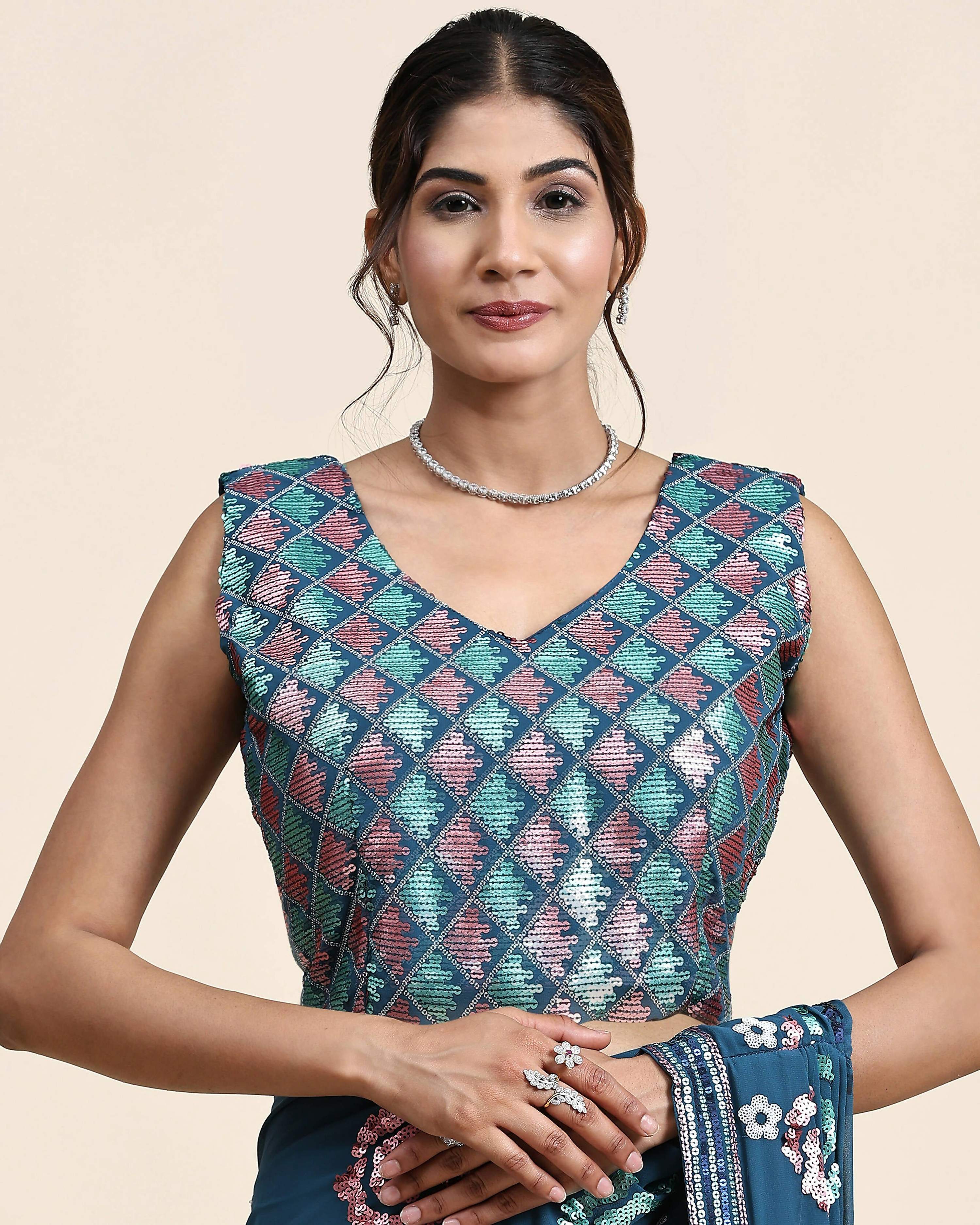 Blue Pure Georgette Sequence work Ready to wear Saree with stitched Blouse - Nirvana - Distacart