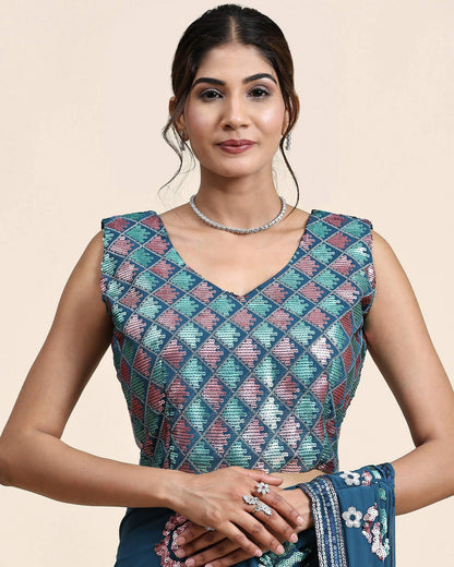 Blue Pure Georgette Sequence work Ready to wear Saree with stitched Blouse - Nirvana - Distacart