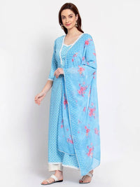 Thumbnail for Myshka Women's Blue Printed Cotton Blend 3/4 Sleeve Square Neck Casual Anarkali Kurta Dupatta Set