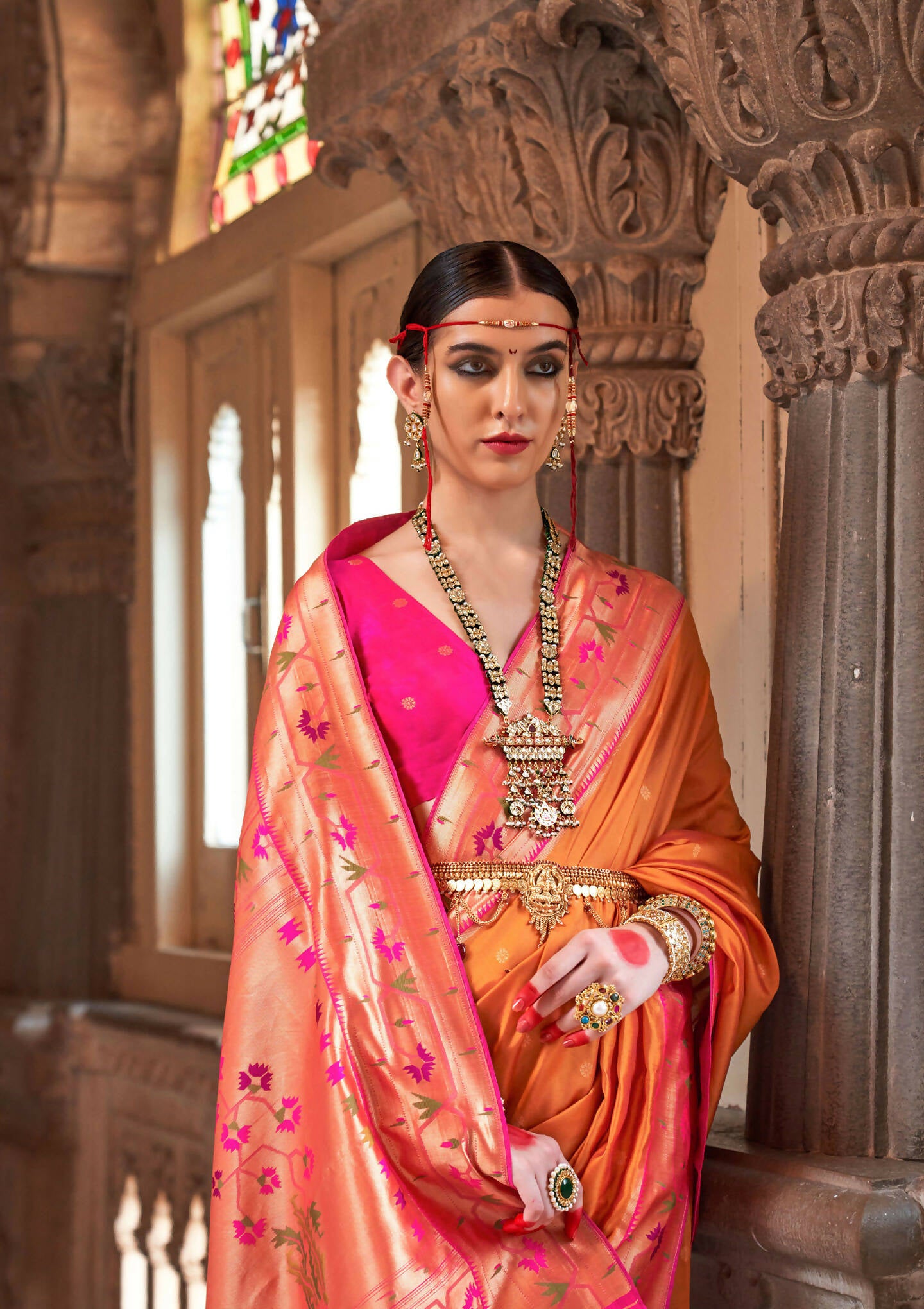 Orange Soft V.P. Silk Magnum Finish, Weaving, Golden Zari Paithani Silk Saree - Rath Kadampalli - Distacart