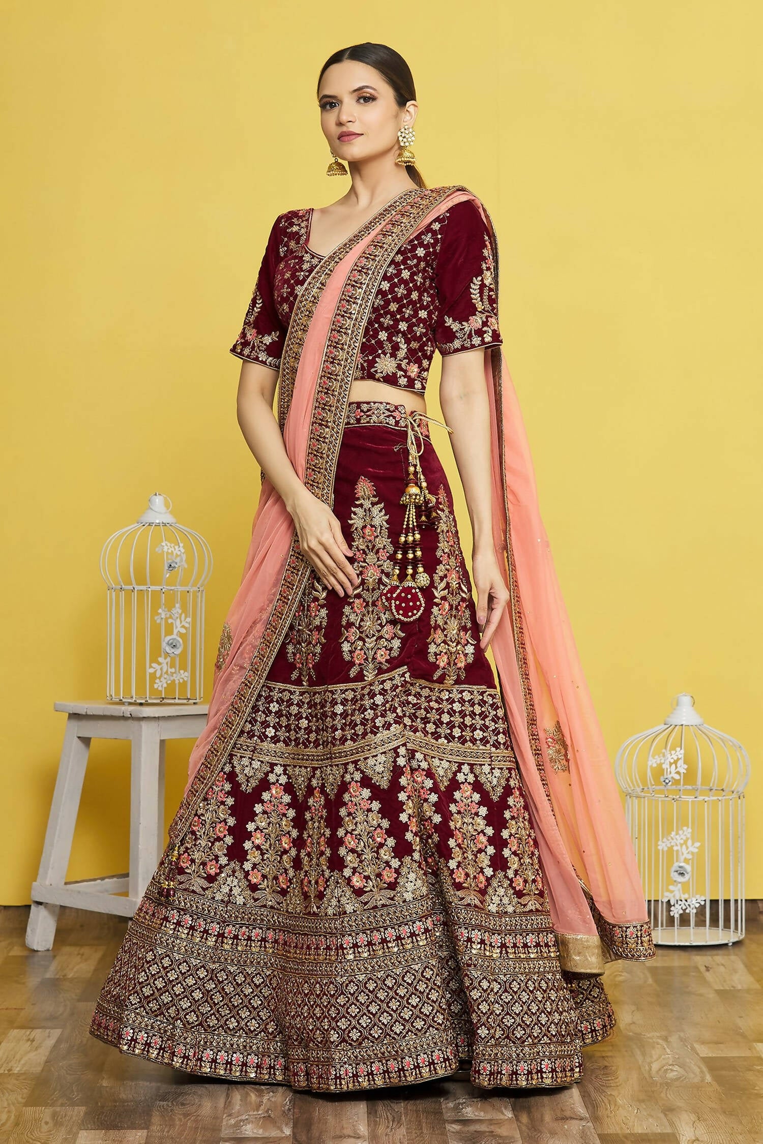 Maroon Velvet Semi-Stitched Wedding Bridal Lehenga - Nimaya - Distacart