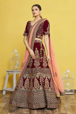 Thumbnail for Maroon Velvet Semi-Stitched Wedding Bridal Lehenga - Nimaya - Distacart