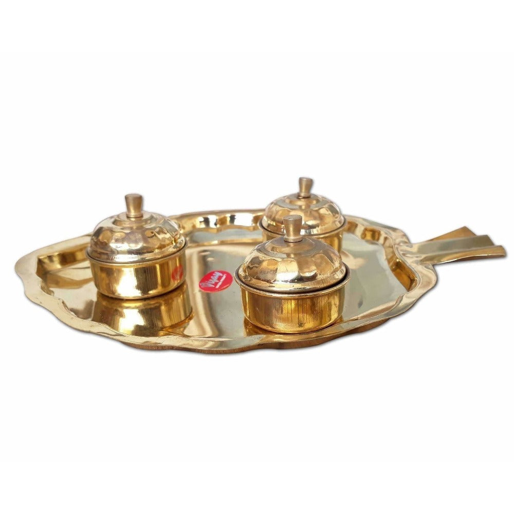 Leaf Shape Brass Tray with Haldi Boxes - Distacart