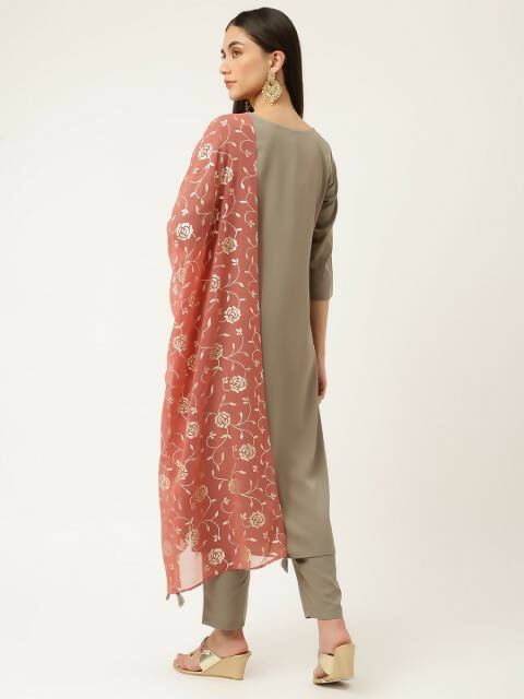 FIORRA Women's Grey Poly Crepe Straight Kurta Pant With Dupatta - Distacart