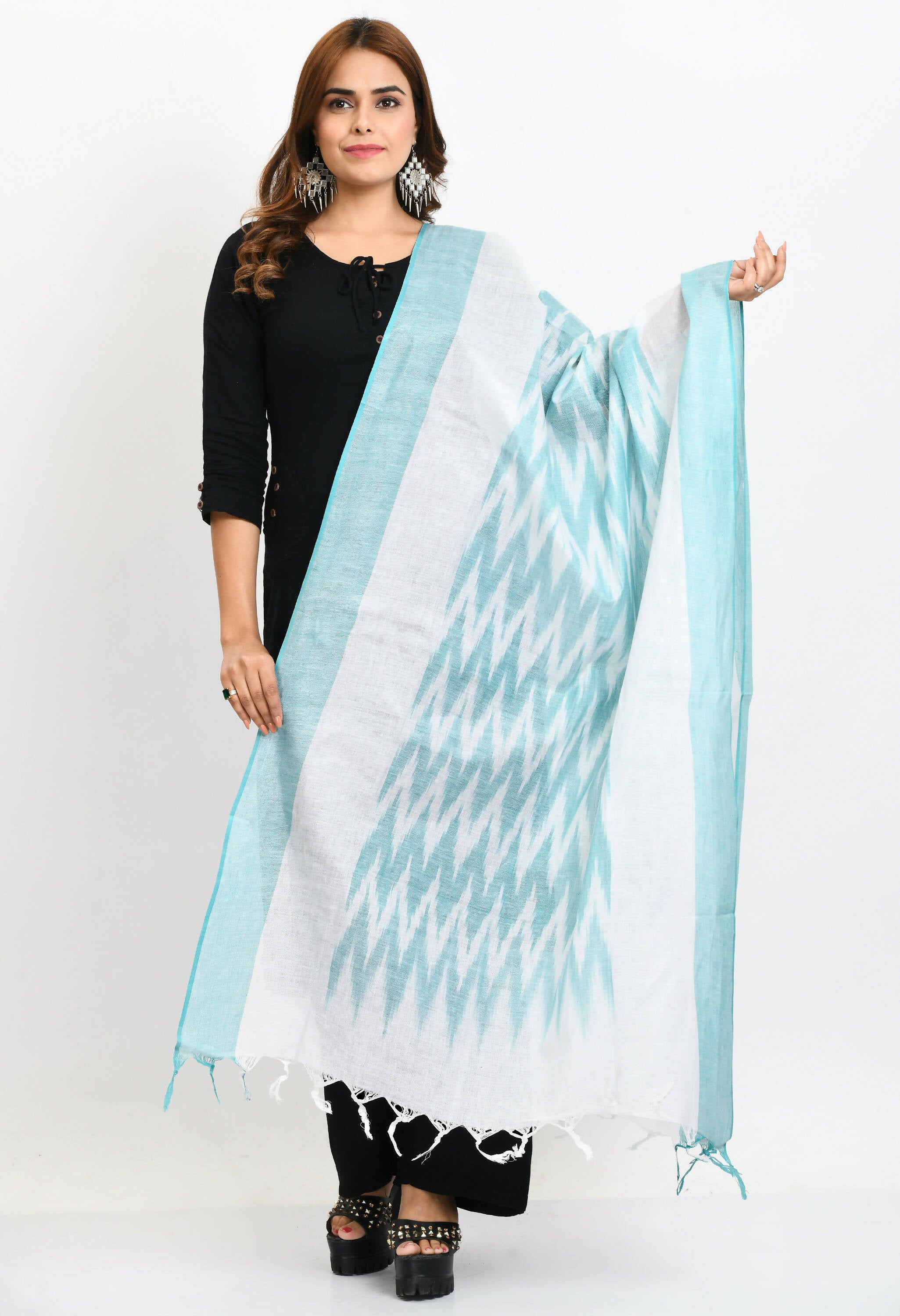 Mominos Fashion Moeza Women's Handloom Cotton Ikkat Sea Green Dupatta - Distacart