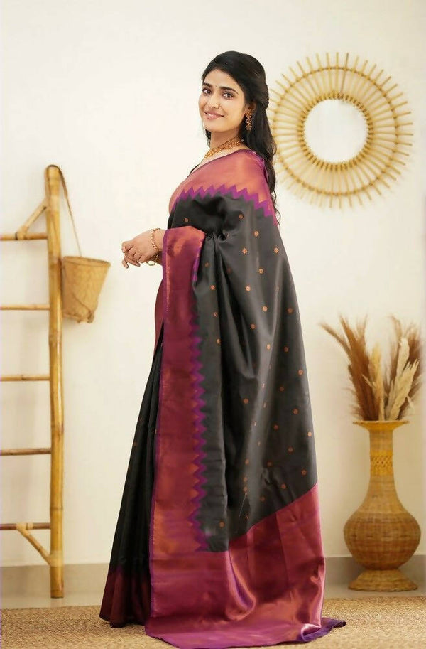 DEIANA'S Beautiful Golden Jari with New Design Soft Lichi Silk Saree - Black - Distacart