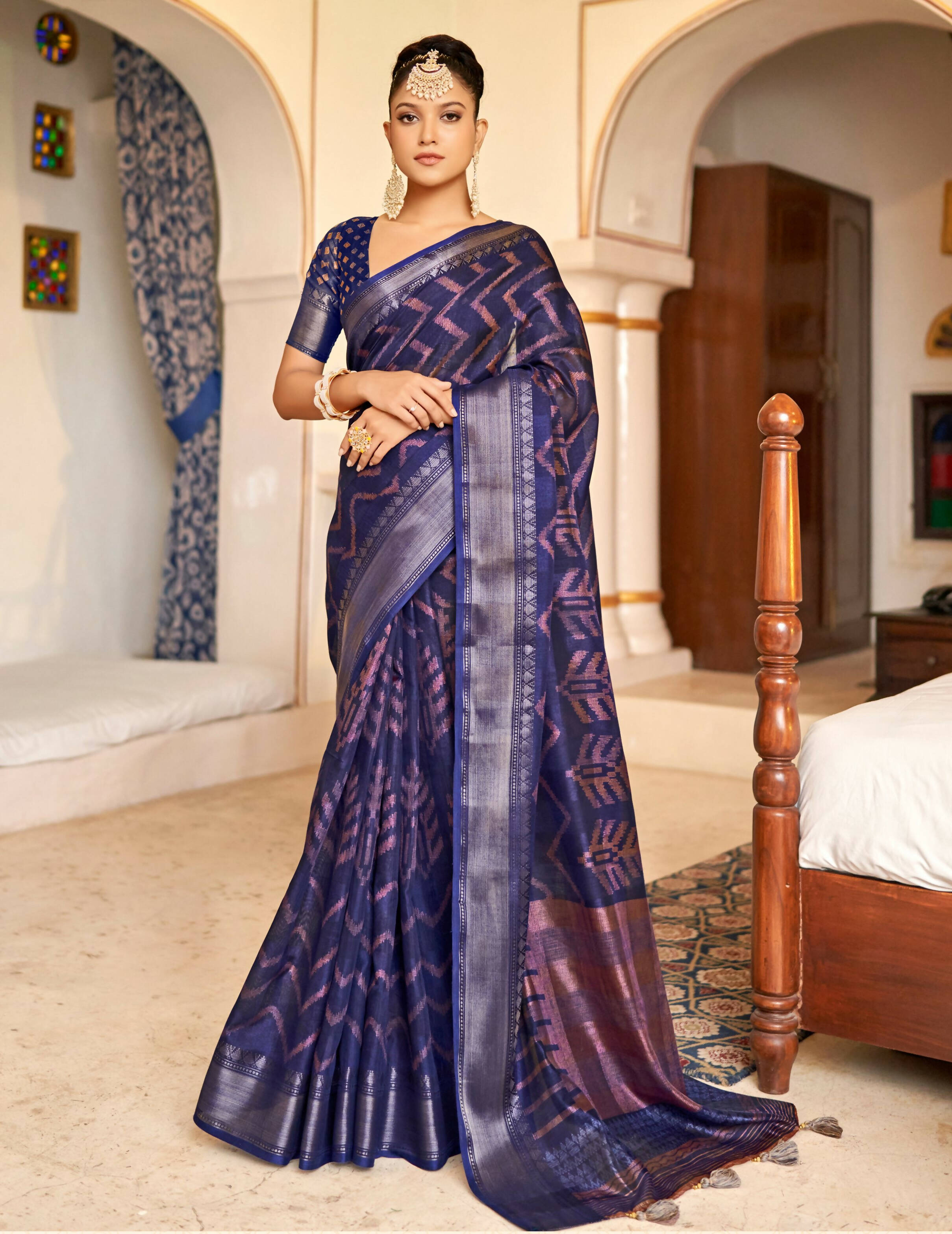 Dark Blue Patta Poly Cotton Stripe Printed Saree With Unstitched Blouse Piece - Shades - Distacart