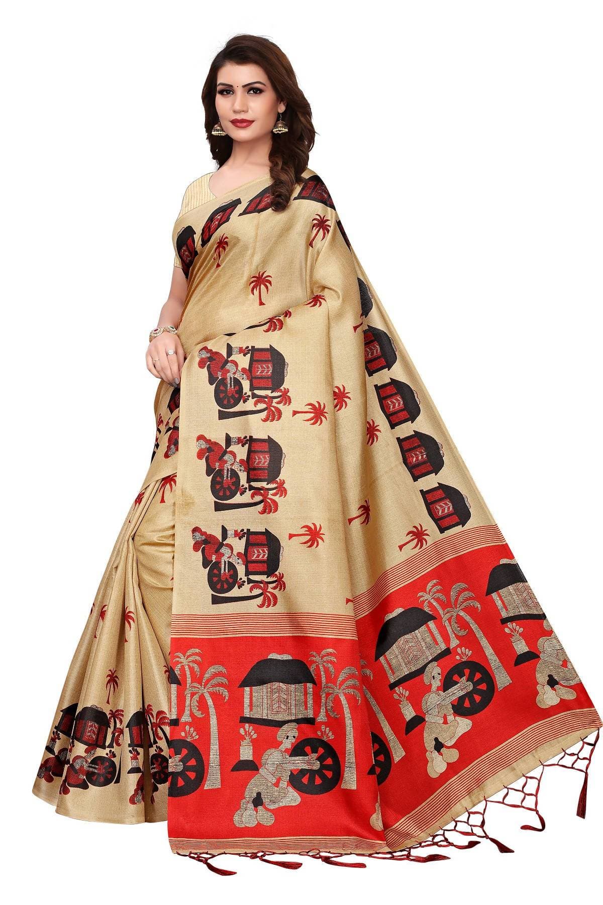 Vamika Kalamkari With Jhalar Khadi Silk Saree in Chiku Color