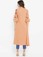 Thumbnail for Janasya Peach-Coloured & Green Floral Printed Bell Sleeves Kurta - Distacart