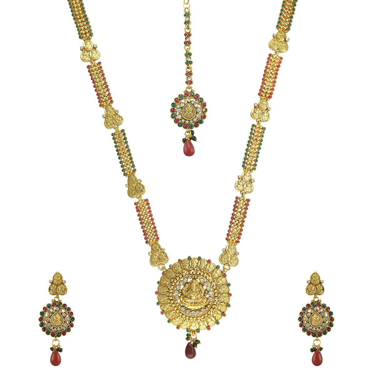 Gold-Plated Alloy Long Laxmi Pendant Necklace Set - The Pari - Distacart