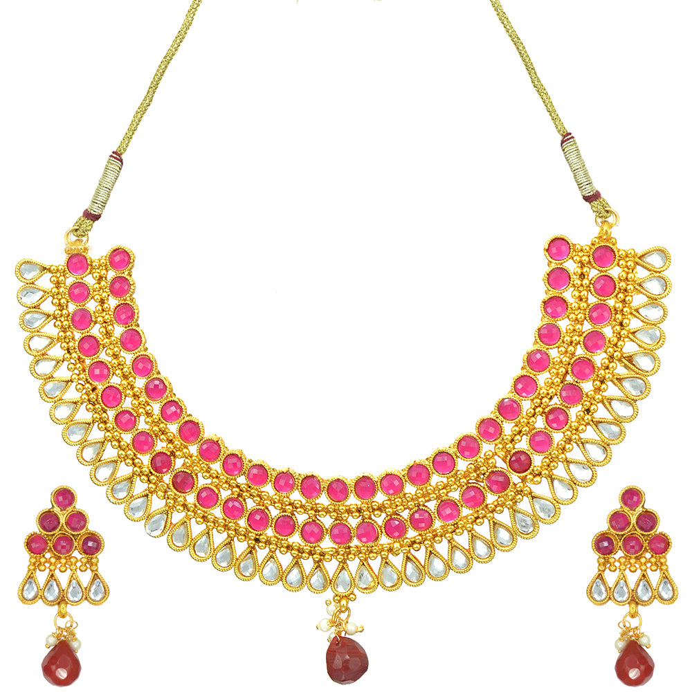 Gold-Plated Alloy Ruby Colour Stone Studded Choker Necklace Set - The Pari - Distacart
