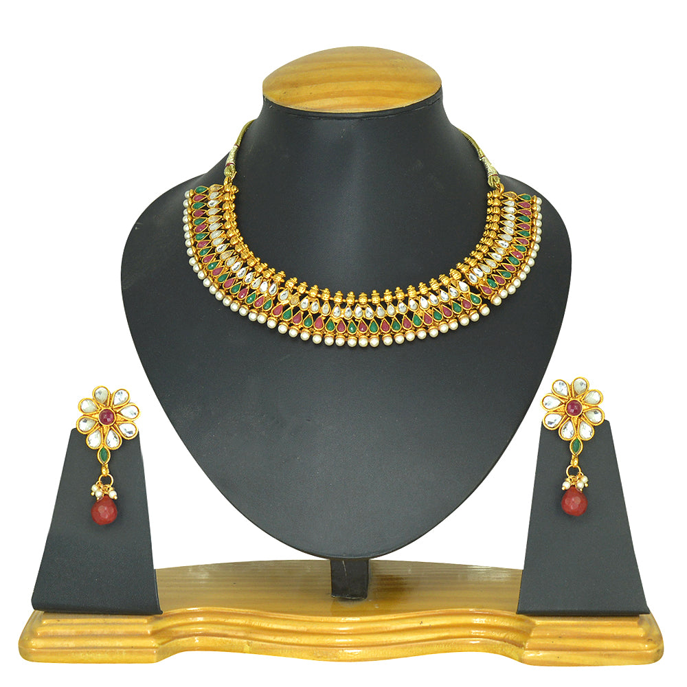 Gold-Plated Alloy Multi Stone Studded Choker Necklace Set - The Pari - Distacart