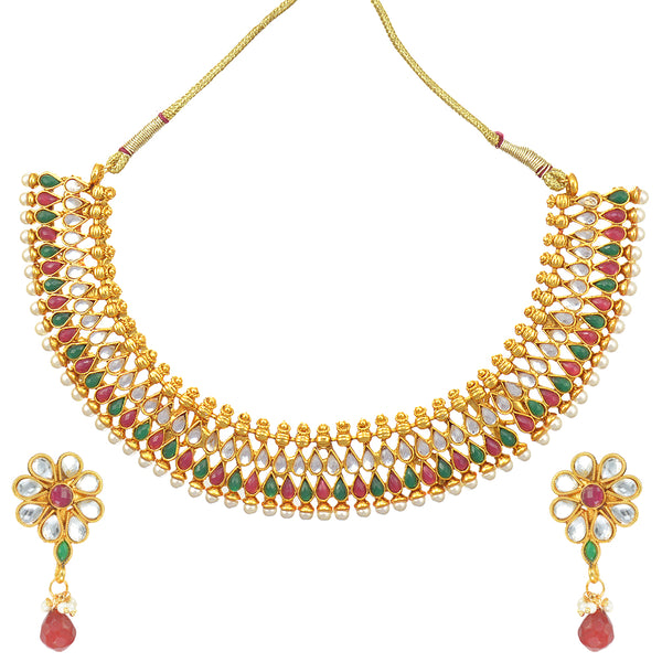 Gold-Plated Alloy Multi Stone Studded Choker Necklace Set - The Pari - Distacart