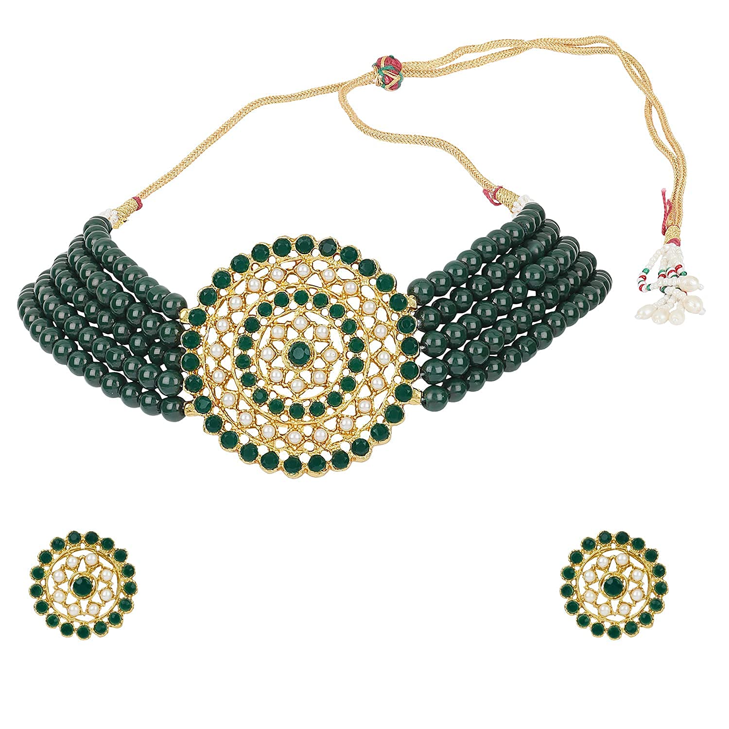 Gold-Plated Alloy Green Beaded Round Pendant Choker Necklace Set - The Pari - Distacart