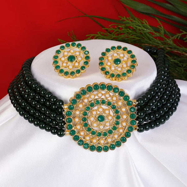 Gold-Plated Alloy Green Beaded Round Pendant Choker Necklace Set - The Pari - Distacart