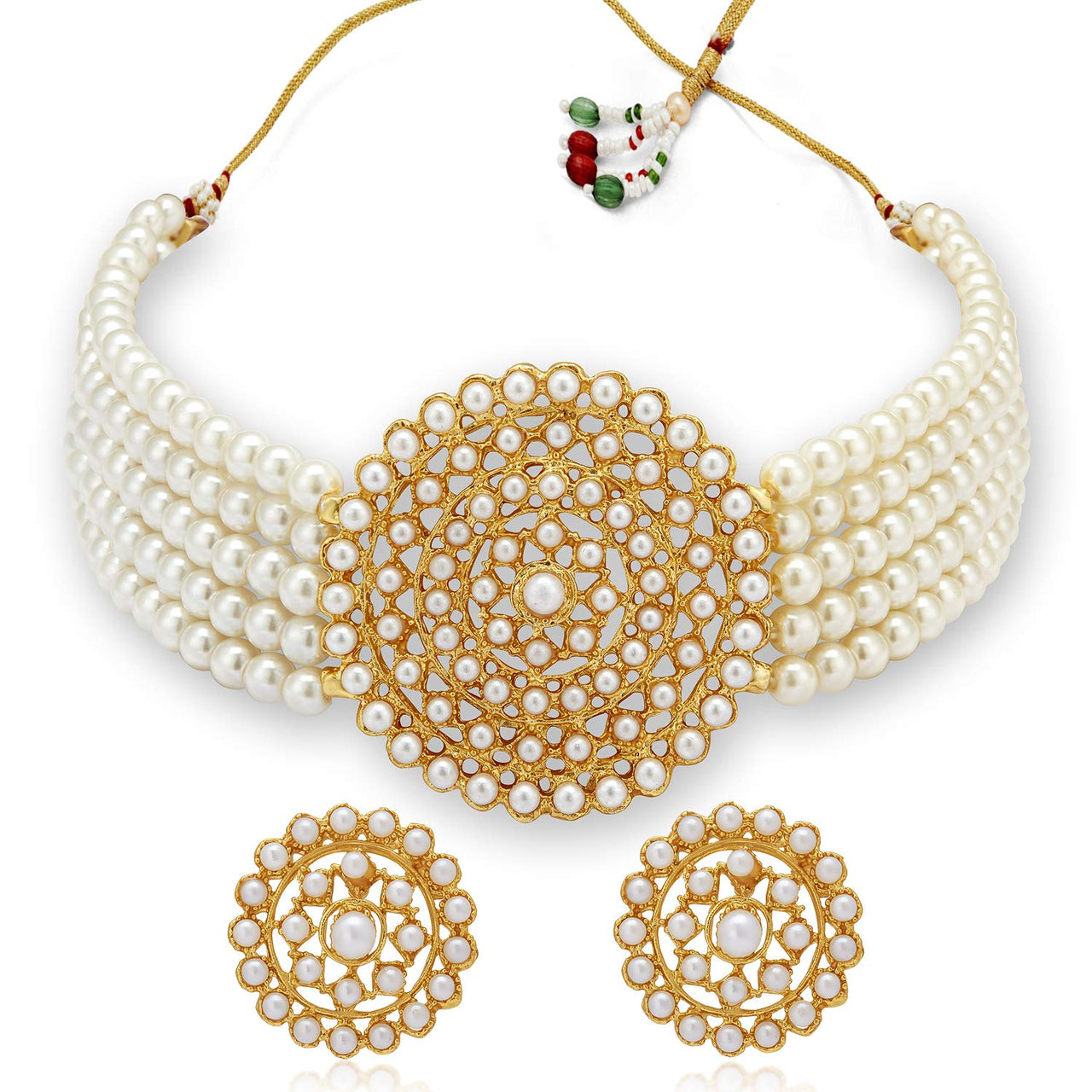 Gold-Plated Alloy Pearl Beaded Round Pendant Choker Necklace Set - The Pari - Distacart