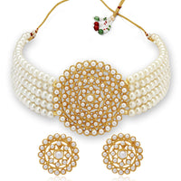 Thumbnail for Gold-Plated Alloy Pearl Beaded Round Pendant Choker Necklace Set - The Pari - Distacart