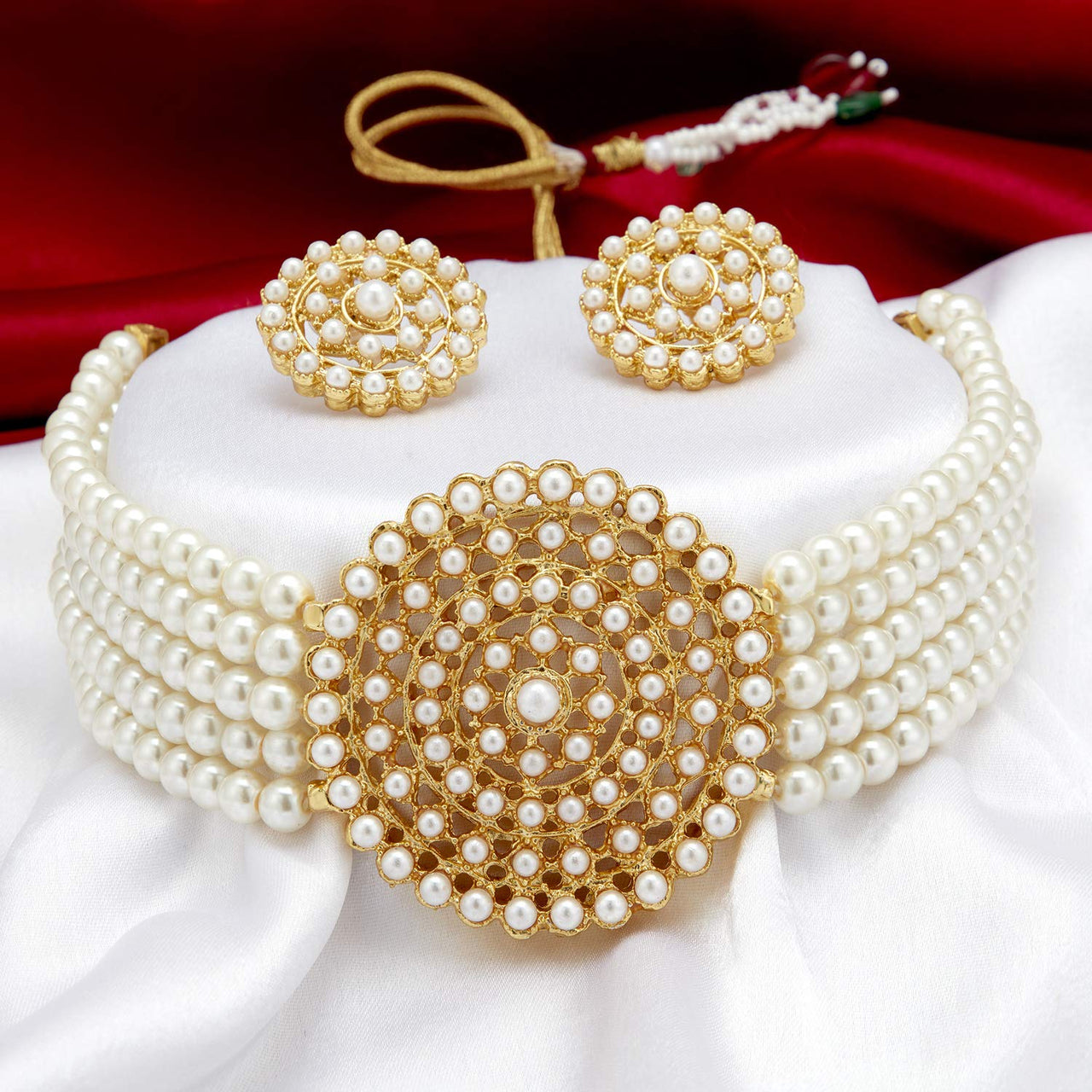 Gold-Plated Alloy Pearl Beaded Round Pendant Choker Necklace Set - The Pari - Distacart