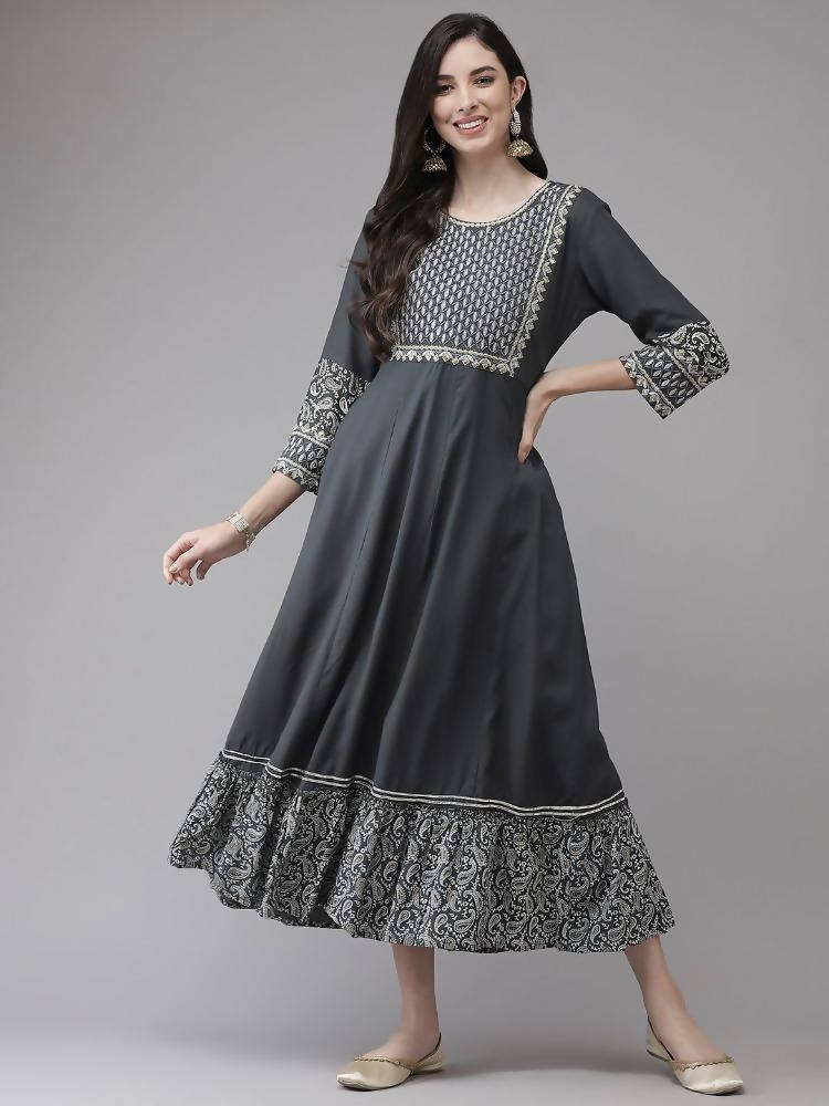 Yufta Grey Embroidered Ethnic Maxi Dress