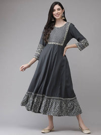 Thumbnail for Yufta Grey Embroidered Ethnic Maxi Dress