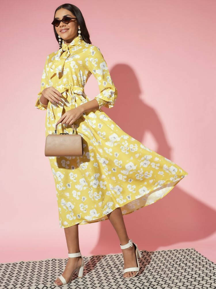 Myshka Women Yellow Floral Rayon A-Line Shirt Collar Dress - Distacart