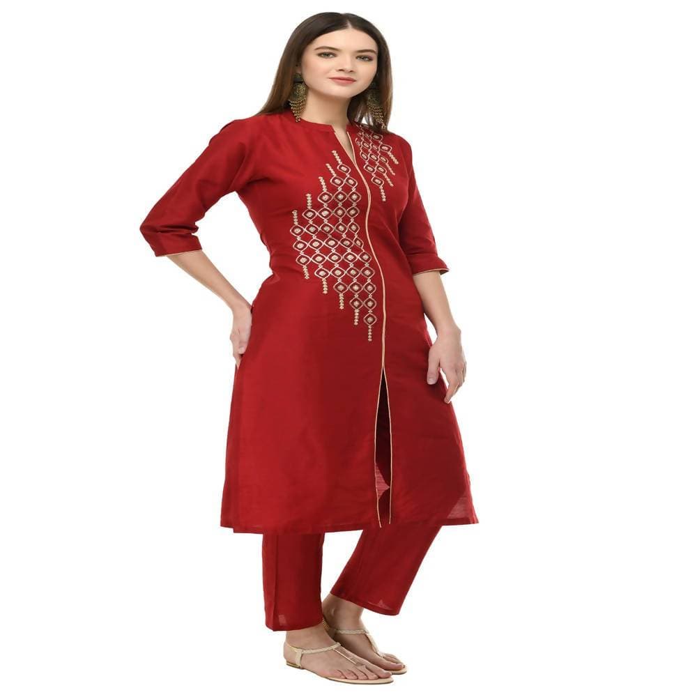 Lagi Women's Maroon Poly silk Straight Embroidred Kurta Pant (RO115A)