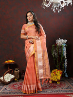 Thumbnail for Lorenvalley Fashion Peach Cotton with Woven Design Zari Weaving Saree - Distacart