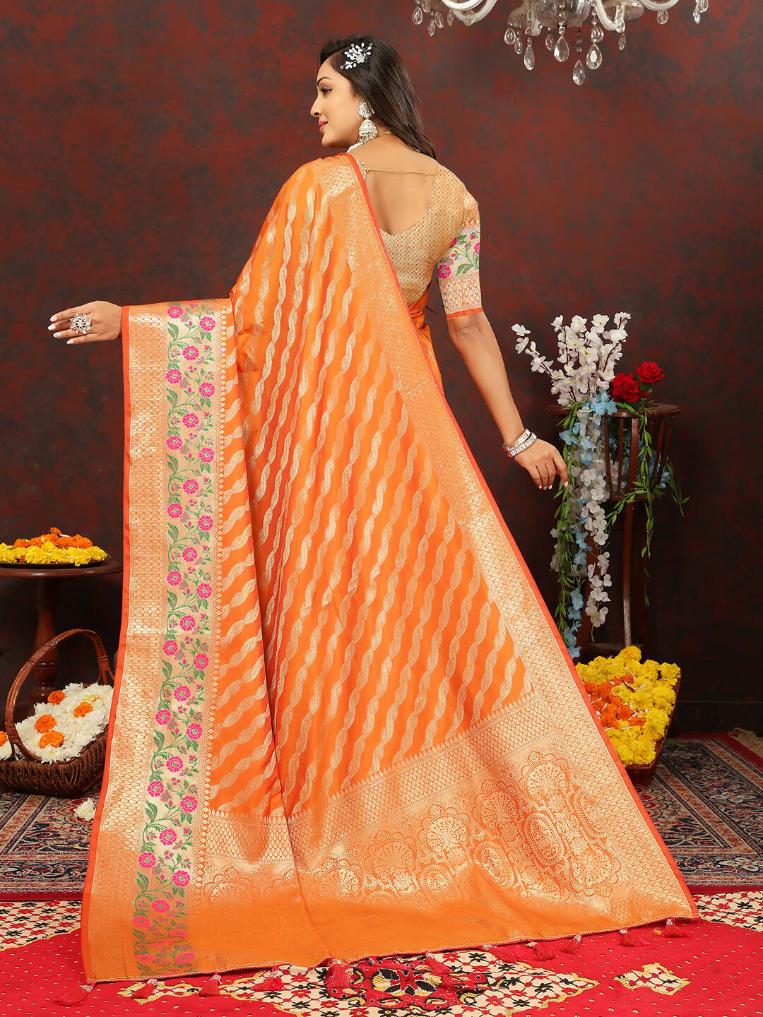 Lorenvalley Fashion Orange Soft Silk Woven Design with Zari Weaving Leheriya Design Saree - Distacart