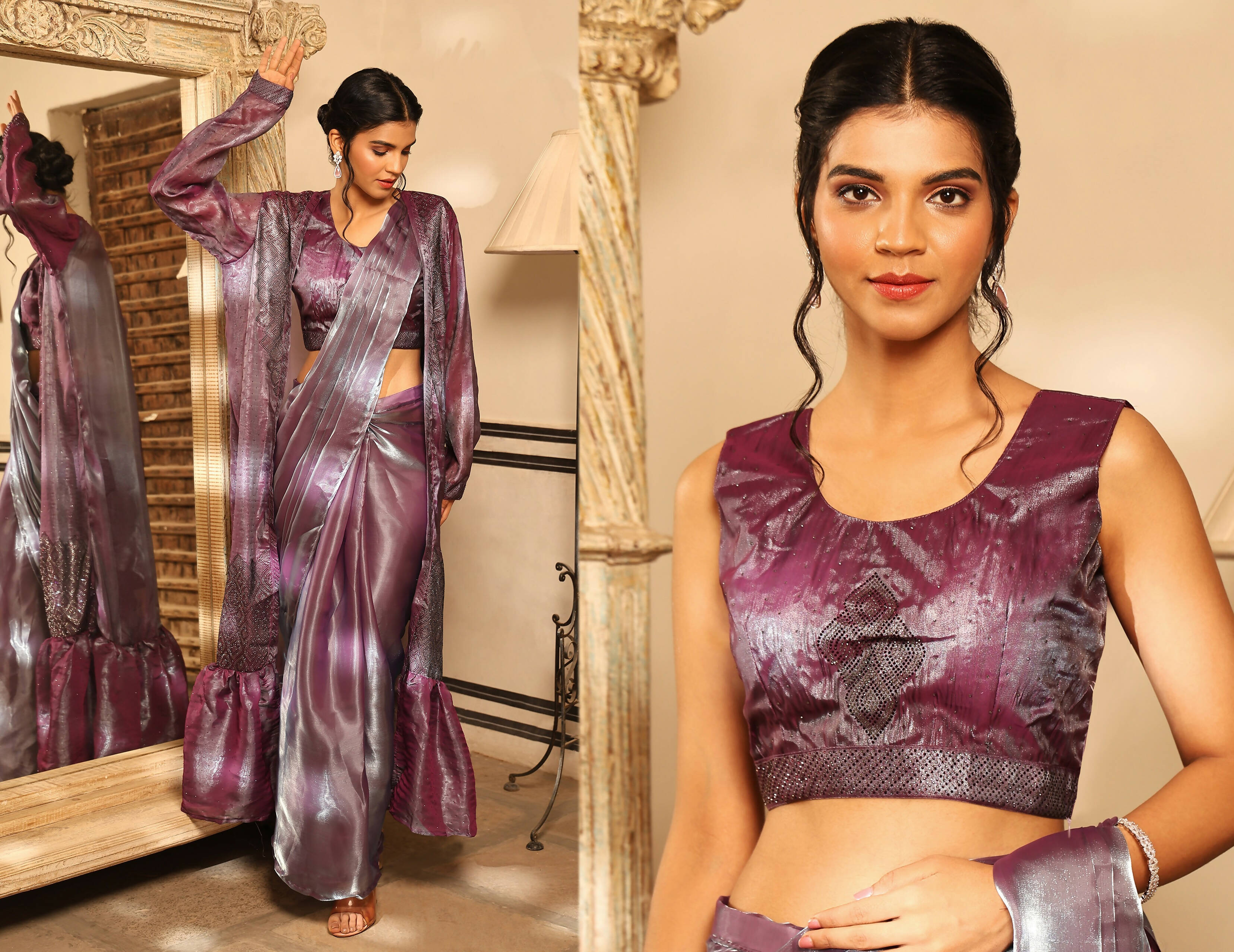 Lavender Tom Silk Plain Ready To Wear Saree With Stitched Blouse - Satiksha - Distacart