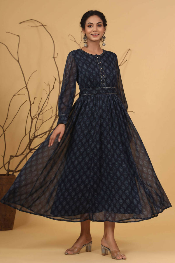 Juniper Women Navy Chiffon Printed Flared Dress - Distacart