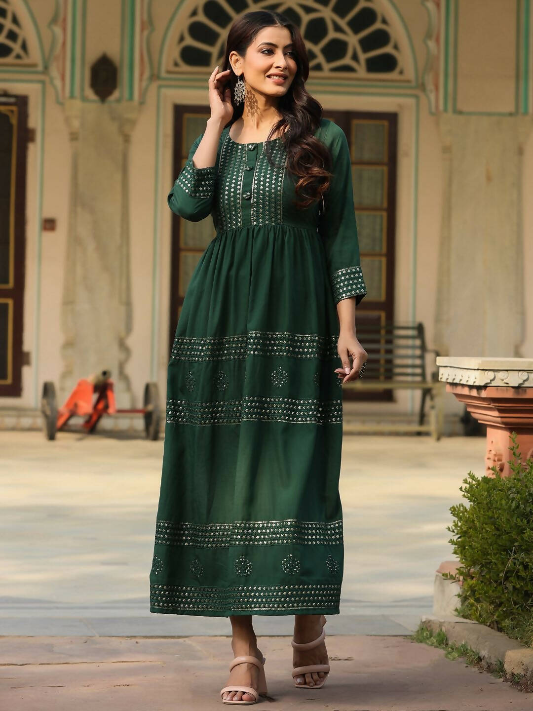 Juniper Women's Green Festive Embroiderd Flared Dress - Distacart